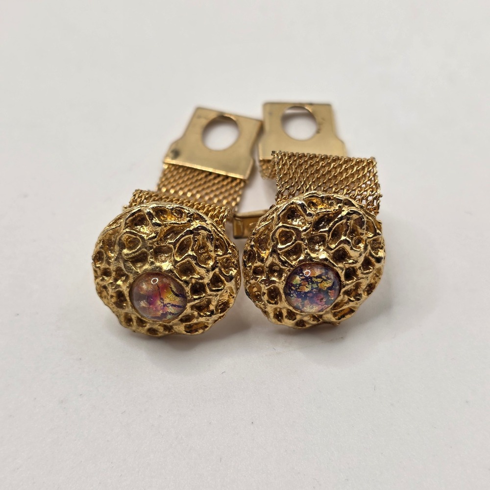 Vintage‎ Cufflinks Mens Gold Tone Mesh Wrap Faux Fire Opal MCM Textured Nugget